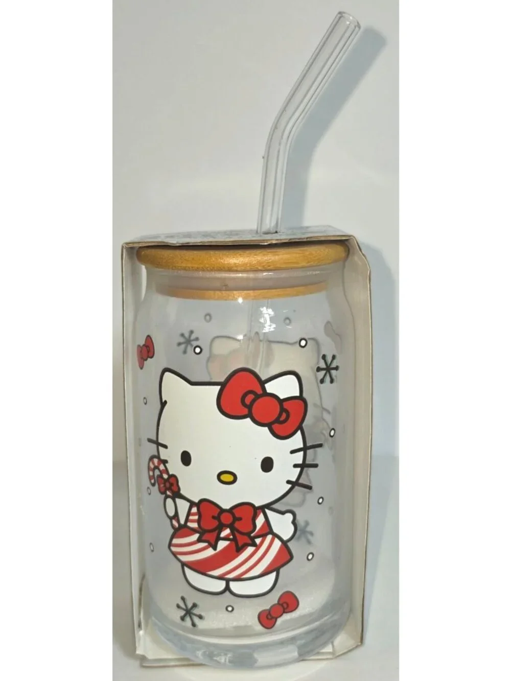 Sanrio Hello Kitty Christmas Glass Tumbler w/Bamboo Lid & Glass Straw 16oz Peppe